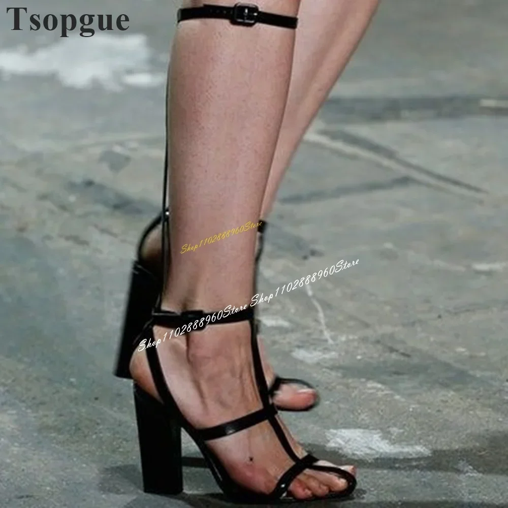 

Trendy Runway T Strap Black Buckle Strap Sandals Chunky High Heel Women Shoes Buckle Strap Pointed Toe 2024 Zapatos Para Mujere