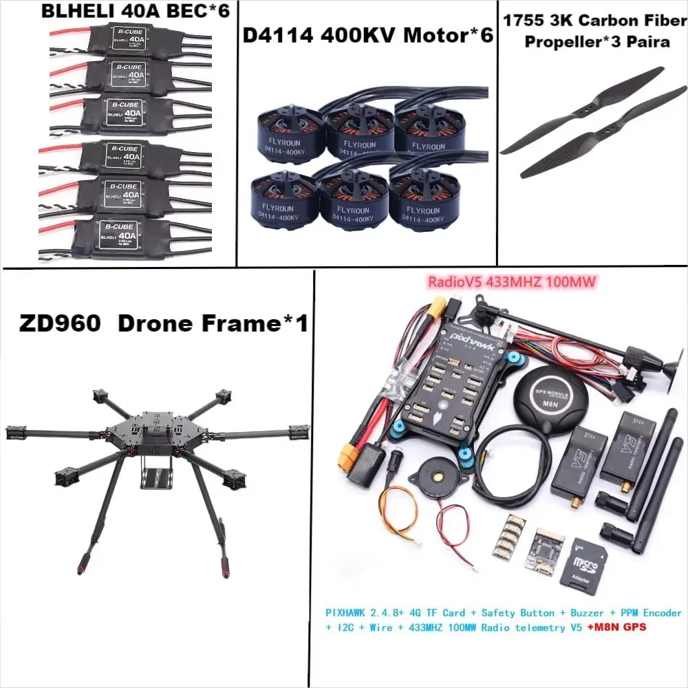 Angeltoy ZD960 PIXHAWK2.4.8 M8N Estrutura hexa-rotor de fibra de carbono completa BLHELI 40A ESC Conjunto de telemetria Rado de controle de voo