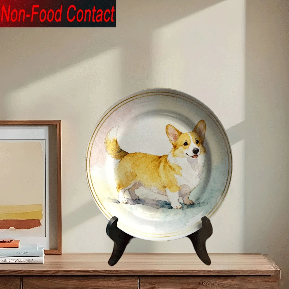 1pc Welsh Corgi Ceramic Decorative Plate - Non-Food Contact Tabletop Art with Cute Corgi Dog Design, Elegant Round Home Decor