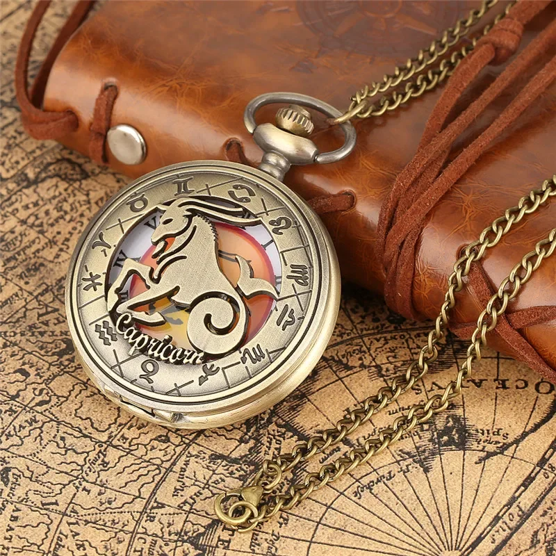 Antique Hollow Twelve Constellation Roman Number Dial Women Men Bronze Quartz Pocket Watch Necklace Sweater Chain Birthday Gift