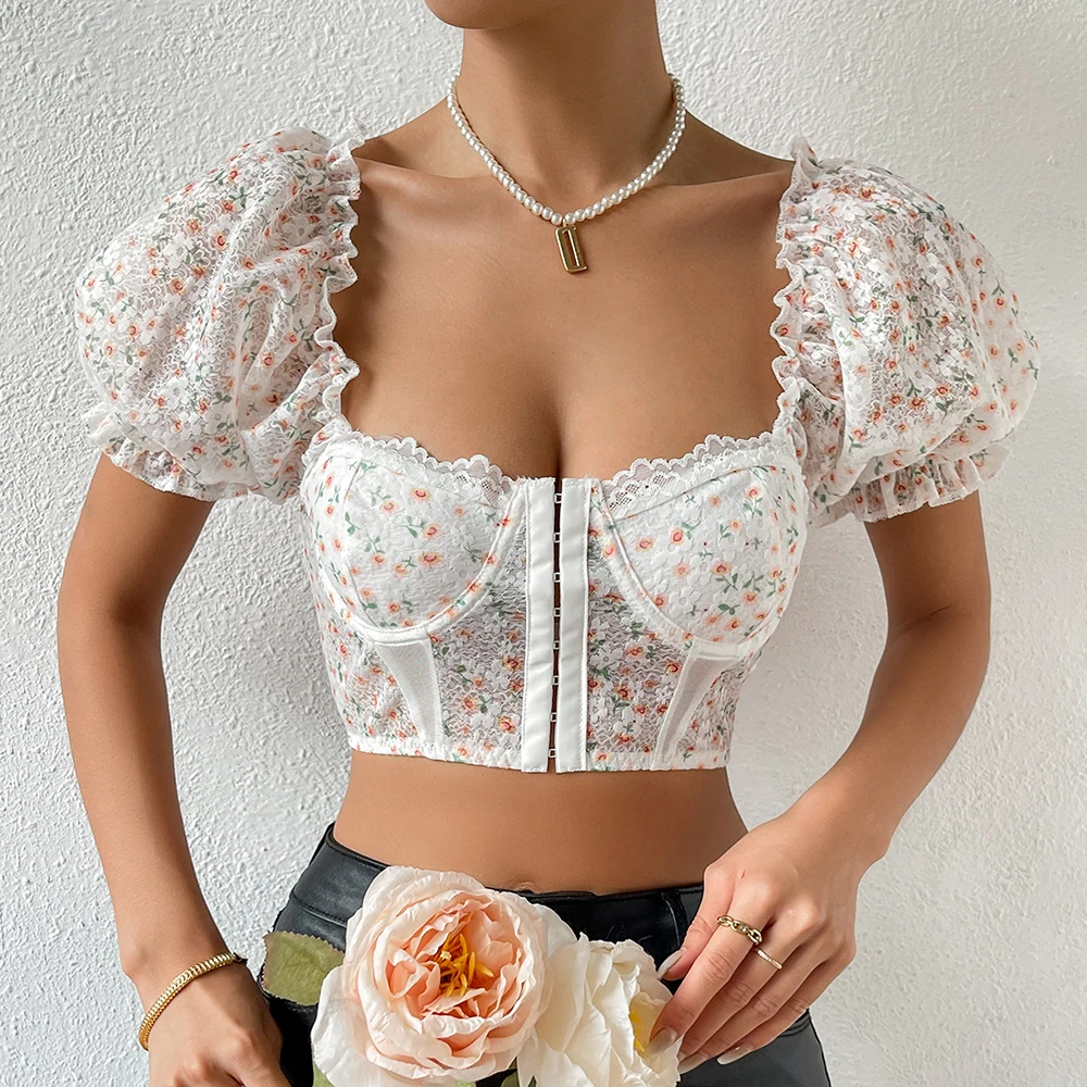 

Women Straps Fishbone Lace Bodysuit with Net Yarn Floral Print Short Crop Tank Tops