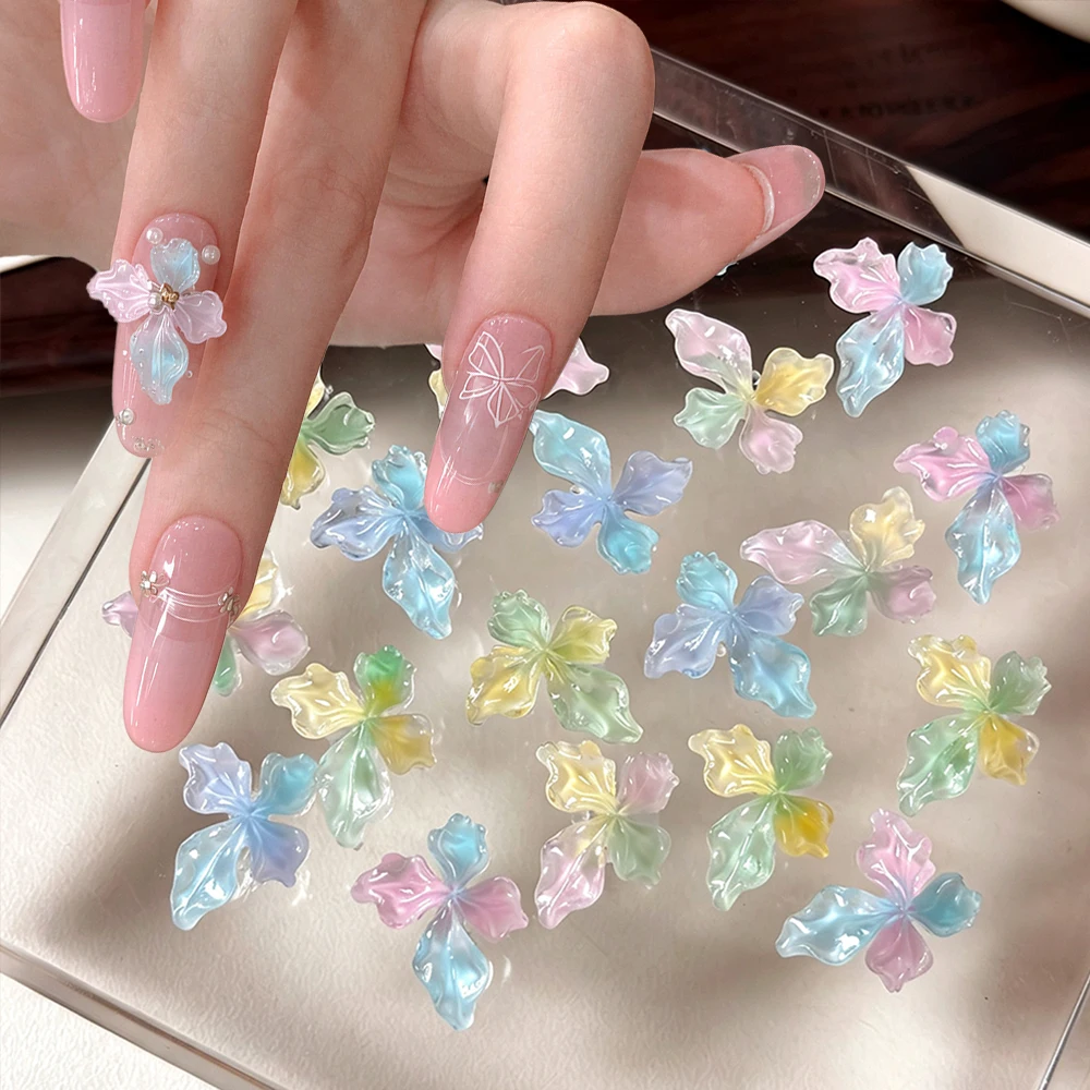20pcs Ice-Transparent Crystal Flowers Nail Charms 3D Soft Carved Lily Nail Art Rhinestones Four-petal Floral Flatback Nail Decor