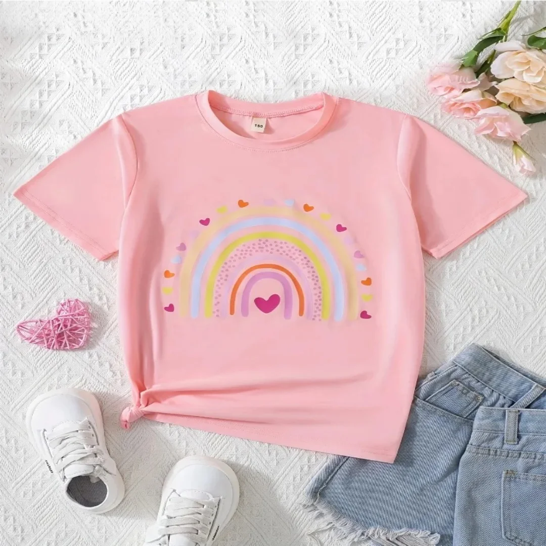 

Summer Baby Girl Black Casual T-shirt Kid Girls Heart Rainbow Print Crew Neck Short Sleeve Top Fashion Children's Clothing