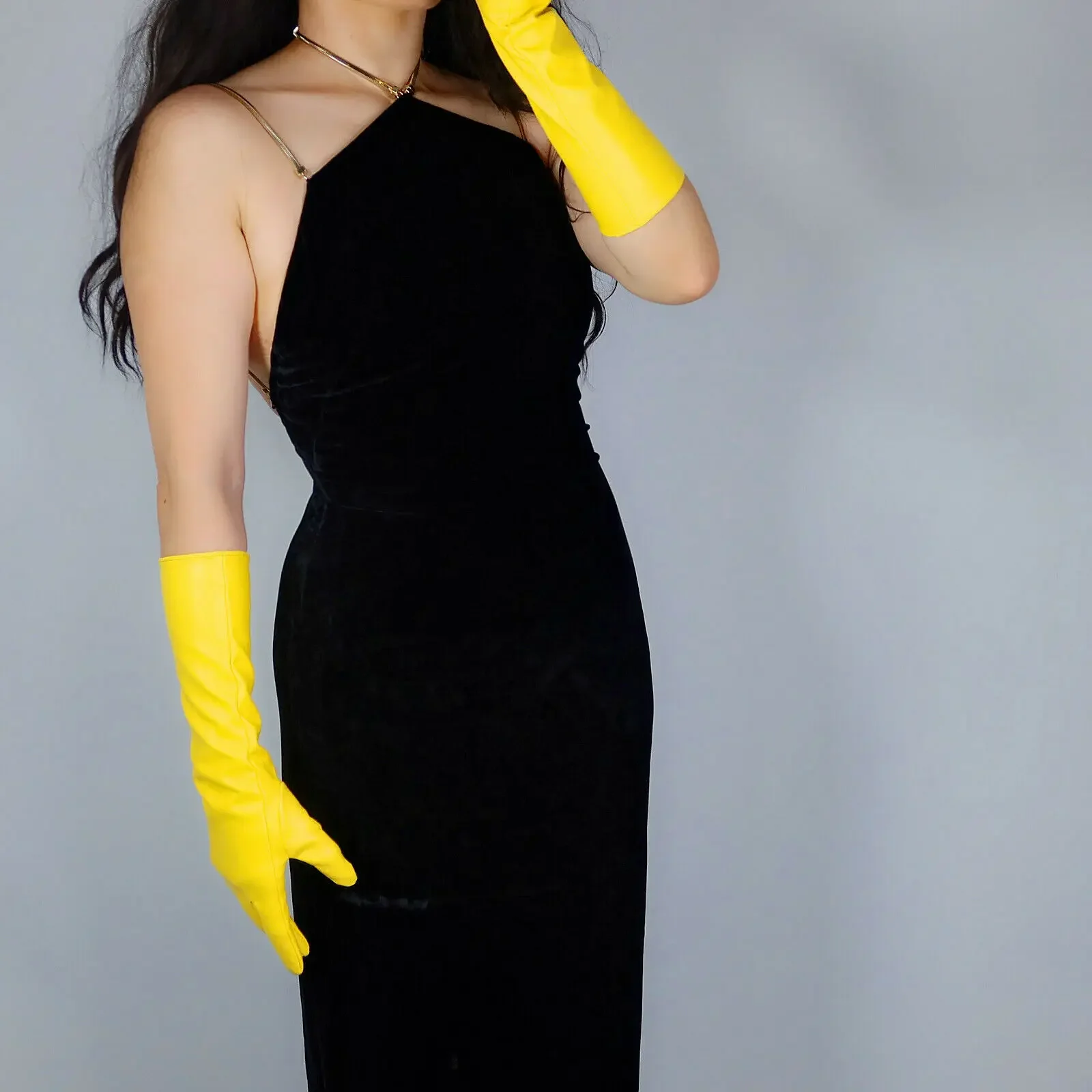 Bright Yellow GLOVES 40cm Elbow Long Faux PU Length Banana Yellow Christmas Party Costume Cosplay Evening Glove view 4