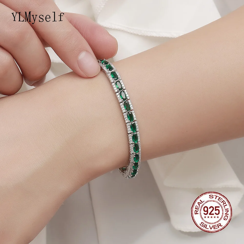 Pure Silver Bracelet Pave 3*5 mm Emerald Green Mix White Cubic Zircon 15-21 CM Length Luxury Real 925 Jewelry For Women