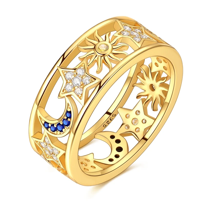 

925 Sterling Silver Golden Sun Moon Star Hollow Ring ﻿Wedding Ring Women Engagement Jewelry Anniversary Gifts