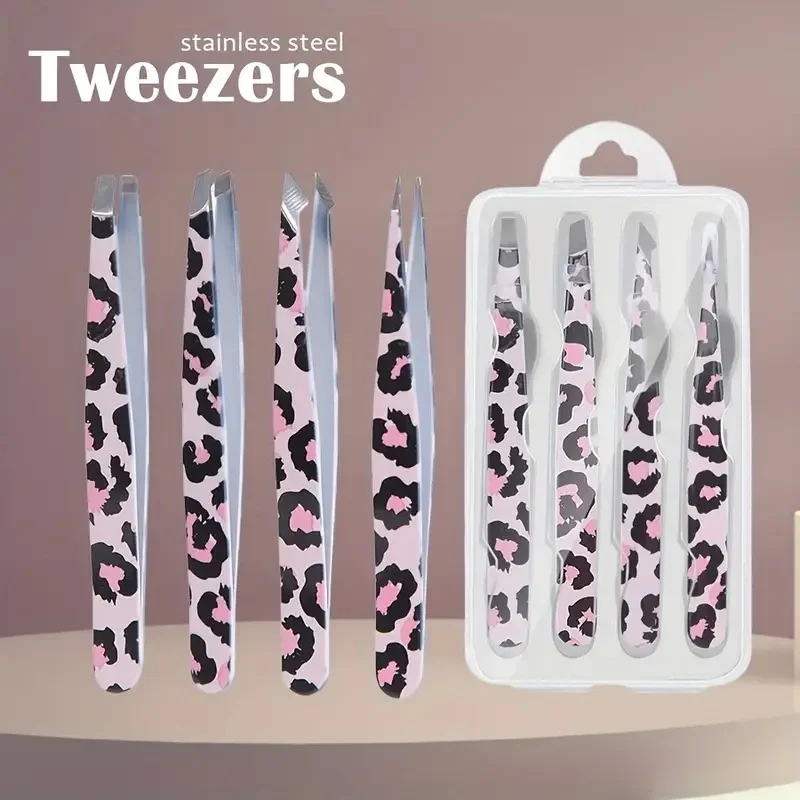 4-piece multifunctional brow shaping set, stainless steel eyebrow clips, slant, flat-mouth tweezers, and eyebrow razor combo