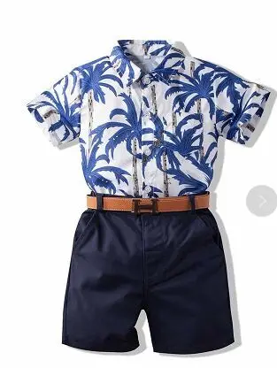 

WangsCanis Boys Clothing Set 2Pcs Fashion Gentleman Short Sleeve Hawaiian Button Down Shirt Waist Band Solid Color Short Pants