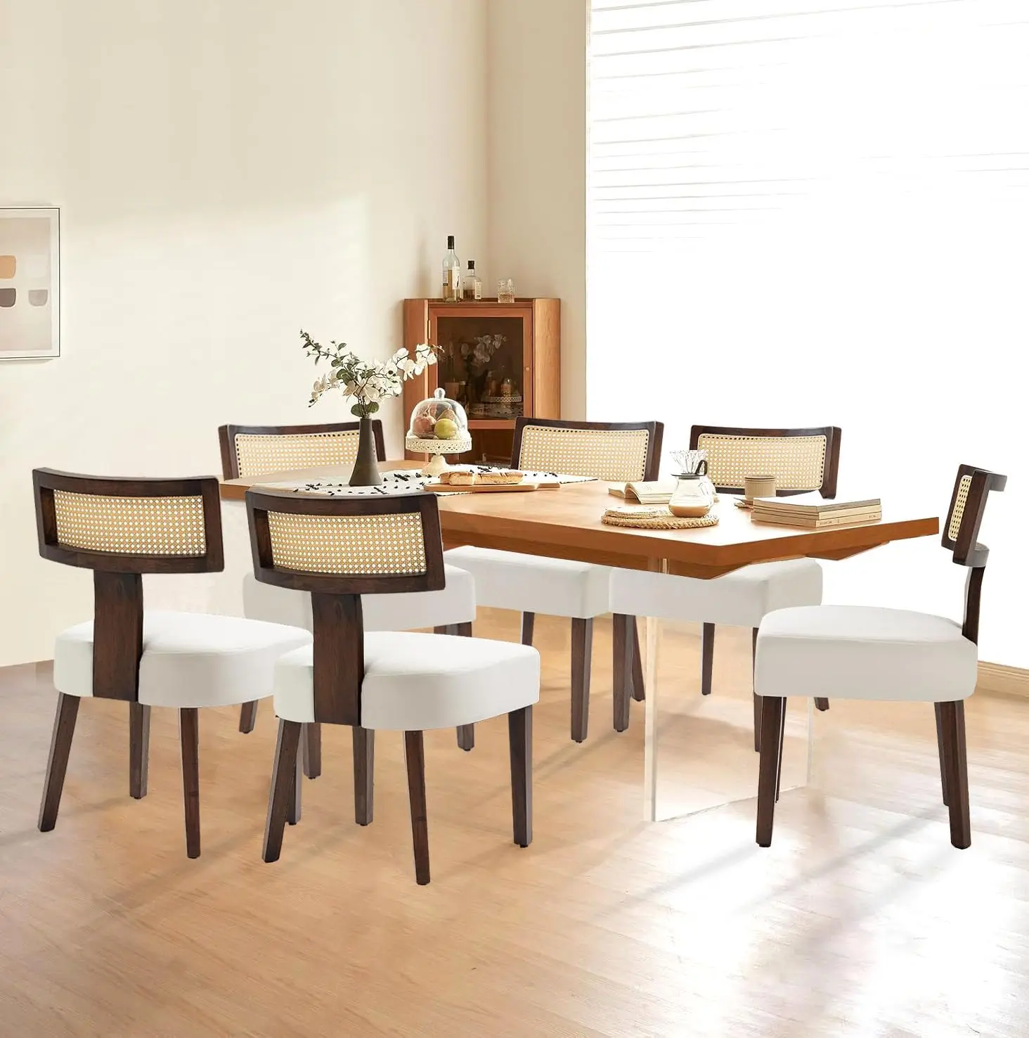 Rattan Dining Chair Set 6, Farmhouse Cane Back & Wood Frame Walnut Finish Beige Linen Upholstered, Customized