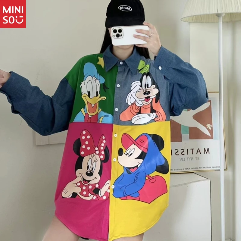 

Джинсовая рубашка Miniso Ombre 2025г. | Женская длинная шикарная блузка с мультяшным принтом