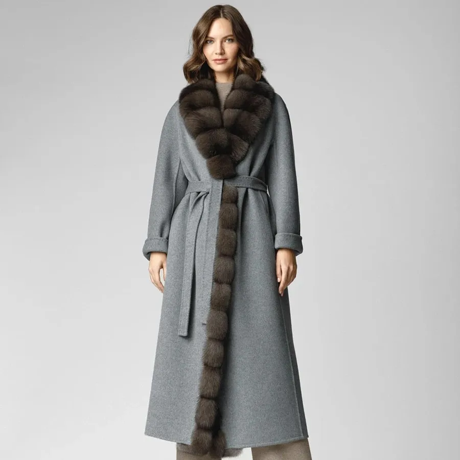 Woolen Coats For Women Wool Coat Long Jacket Best Selling Natural Fox Fur Collar Real Cashmere Coat