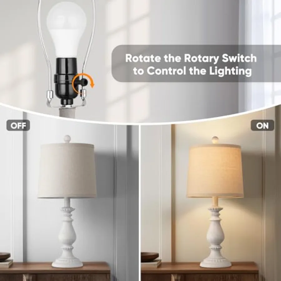 Farmhouse Table Lamp Set of 2, Rustic Table Lamps for Living Room, Vintage Nightstand Lamp with Rotary Switch, Beside Lamps for
