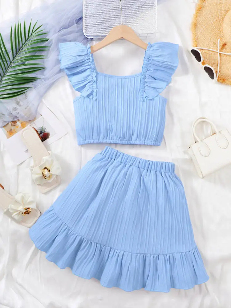 8-12 Years Kid Girl Summer Princess Clothes Set Flutter Sleeve Solid Tops+Short Skirts Fashion Style Party Costume For Children