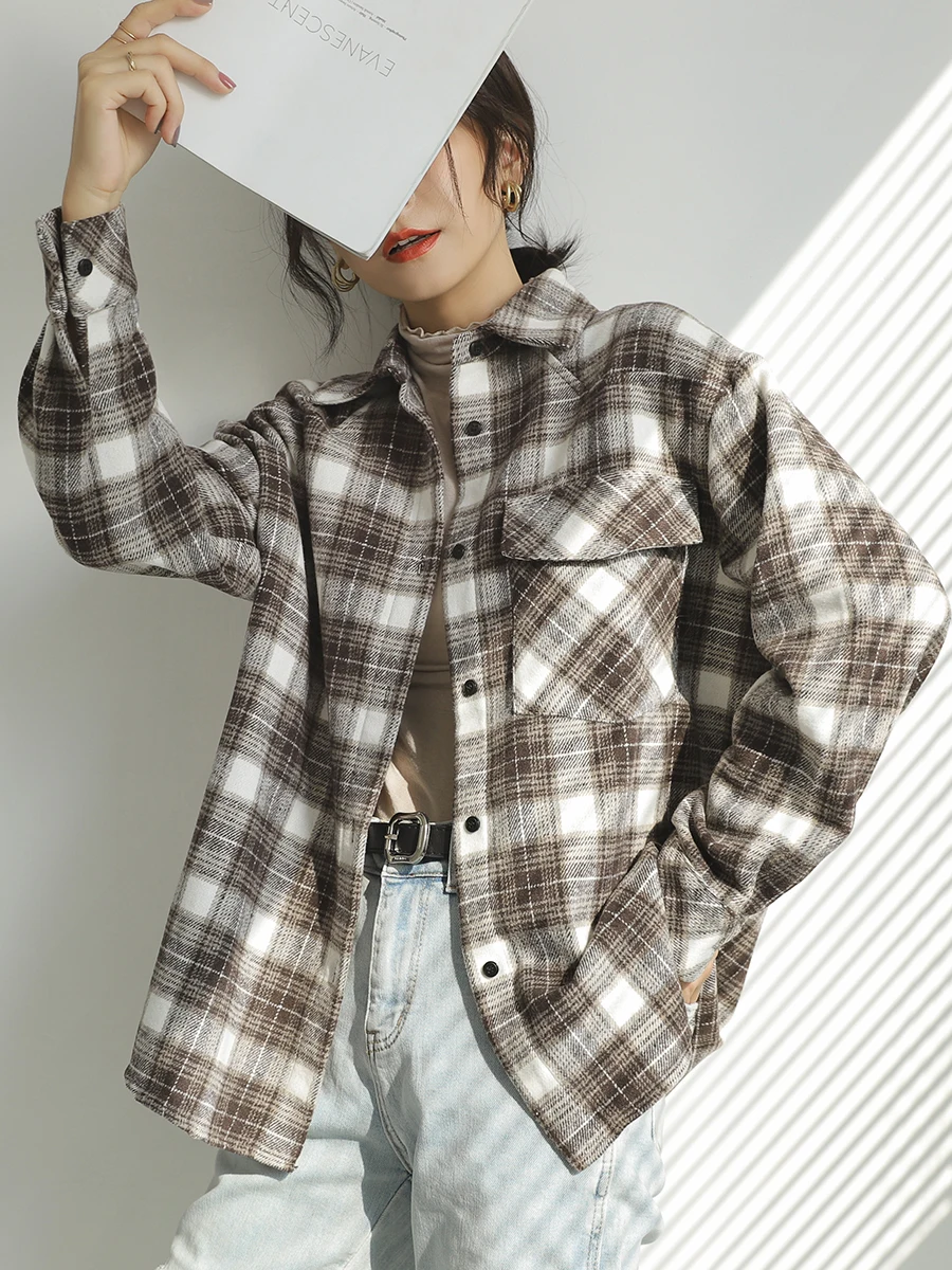 

Женская длинная свободная куртка в клетку, модная универсальная верхняя одежда, осень 2024, корейский стиль, прямой крой