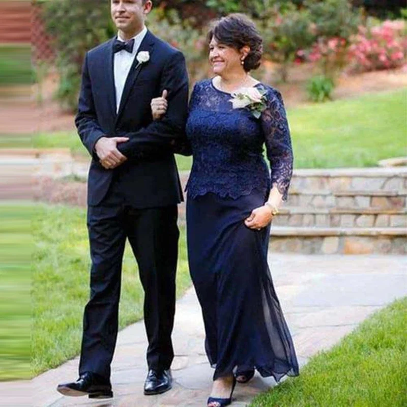 

Navy Blue Mother Of The Bride Dresses Plus Size A-line Long Sleeve Chiffon Lace Long Groom Mother Dresses Guest Wear For Wedding