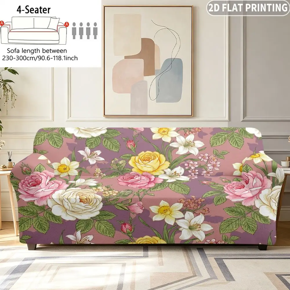 1pc Elastic Sofa Cover Pink Purple Background With Colorful Floral Rose Pattern,  Single/Double/Three/Four-Person/Sleeper Sofa