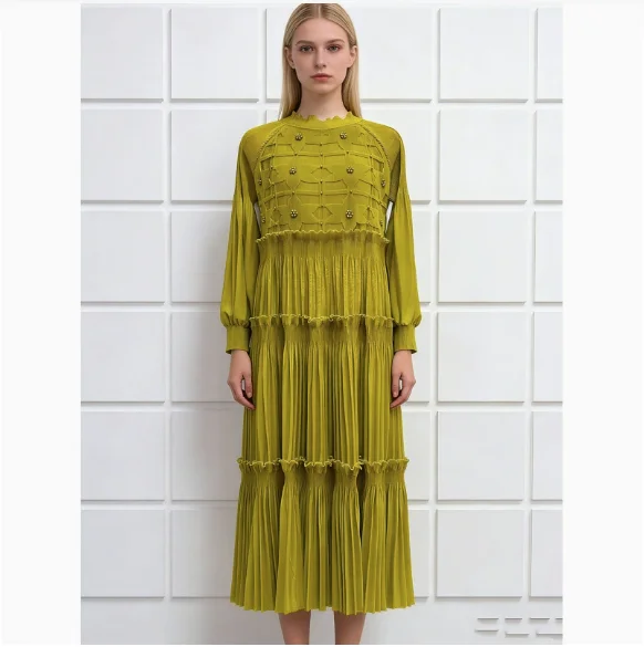 Miyake plissado em camadas vestido nicho design jacquard tecer doce solto vintage moda elegante 2026 primavera verão novo tamanho livre