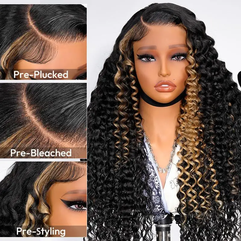 Peruka Alipearl bez kleju z przedziałkiem z boku, z pasemkami, głęboka fala, peruka typu lace front z ludzkich włosów, wstępnie przycięta linia włosów, balayage, peruka 13x4 z ludzkich włosów.