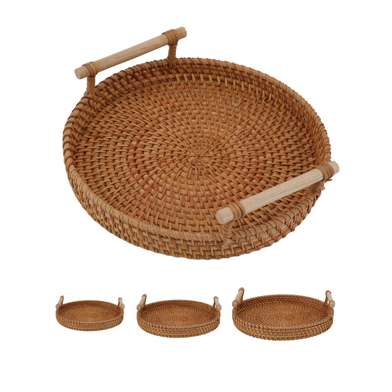 Rattan Tea Tray with Solid Wood Handles Exquisite Decorative Hand Woven Round Food Serving Tray for Storage Display Bread Fruit