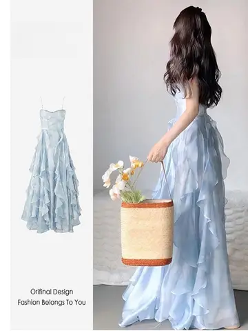 우아한 여름 신상 티타임 스트랩리스 페어리 드레스 비치 휴가 스타일 비치 스커트 허리 조절 미디 드레스 플로럴 프린트
