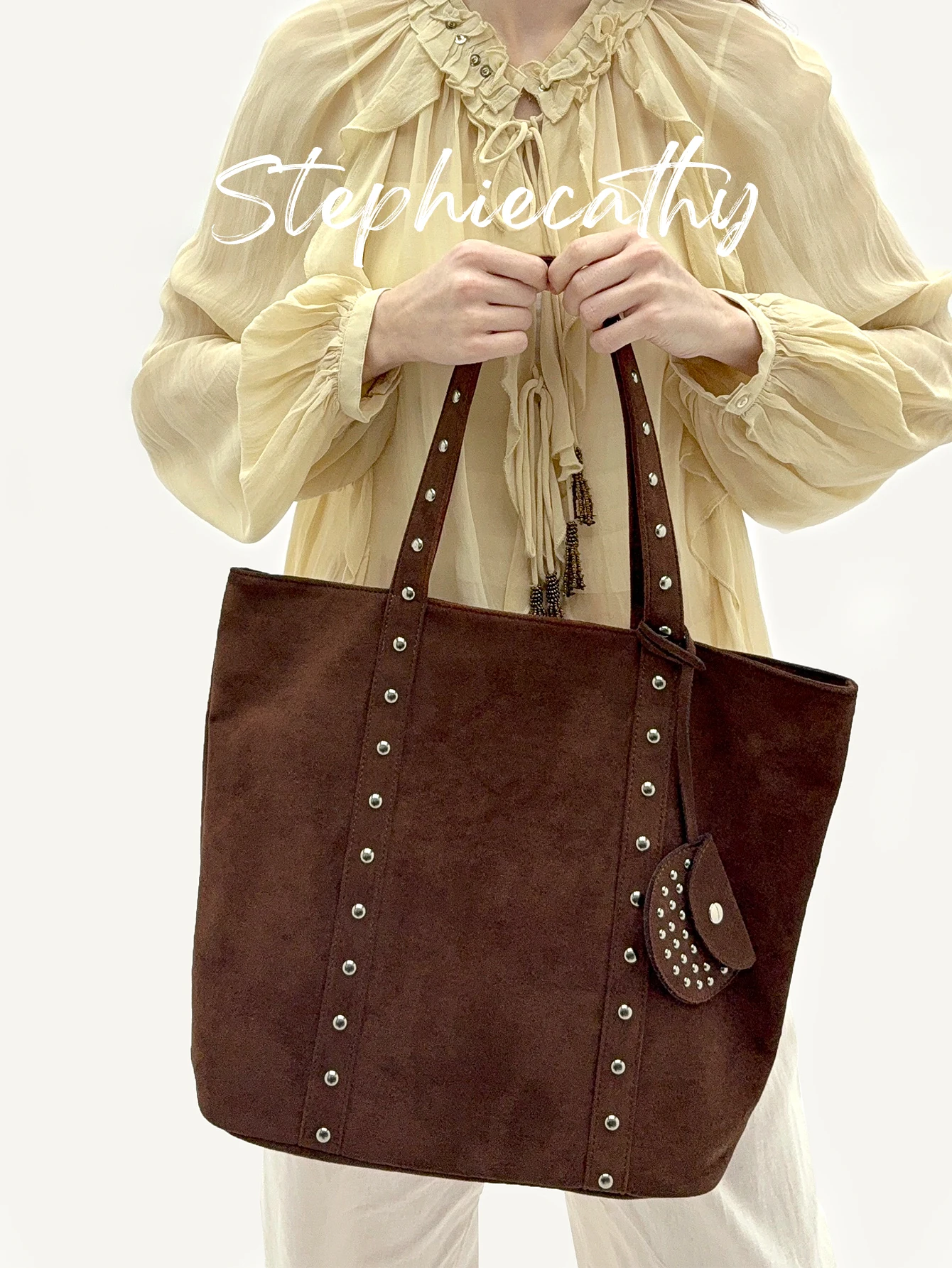 Women's Designer Faux Suede Fabric Tote Zipper Closure Luxury Rivets Decoration Large Capacity Laptop Shoulder Handbag Commute