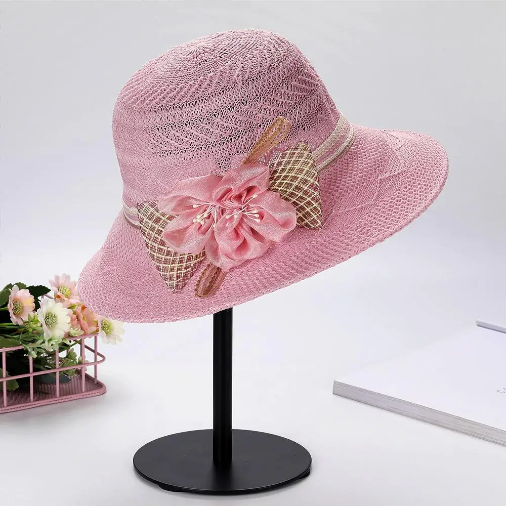 عادية الحلو دلو القبعات الصيف الشمس حماية قبعة قبعة للشاطئ القوس الزهور القش قبعة طوي في الهواء الطلق قبعات الشمس النساء واسعة حافة قبعة