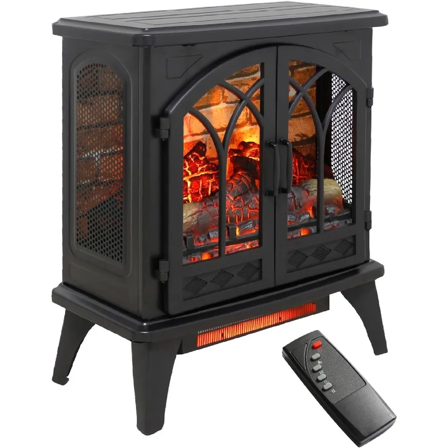 24 Electric Fireplace Heater with Realistic Flame Remote Control Timer Freestanding Design Adjustable Brightness Thermostat Ove