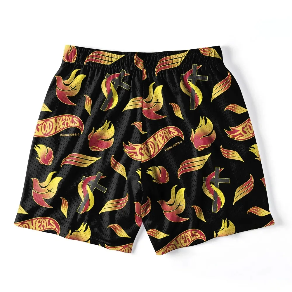 God Heals Christian Mesh Shorts Retro American Style Religious Symbol Print Men's Casual Shorts Summer Breathable Quick-drying