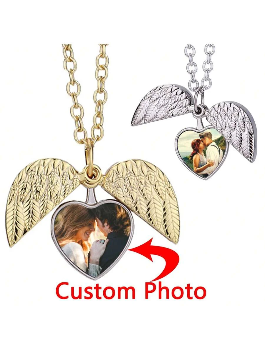 

Personalised heart-shaped photo angel wing pendant necklace, customised picture pendant memorial necklace, personalised gift