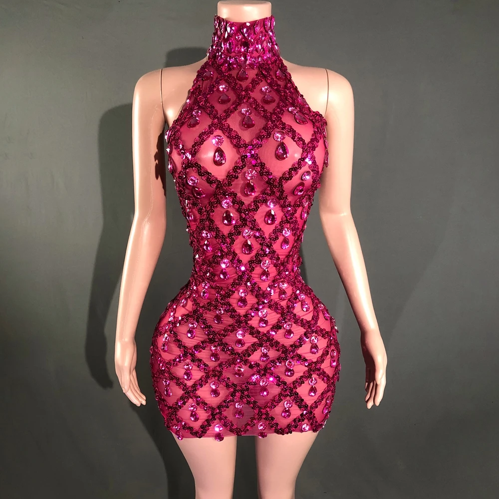 Sparkly Strass Korte Jurk voor Vrouwen Sexy Mesh Transparant Vieren Avond Prom Evenement Verjaardag Jurk Fotoshoot Wear