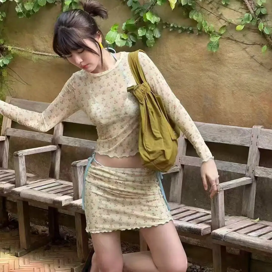 Korean Y2K Cute Bear Sunscreen Long Sleeve Mesh Cover-up Skirt 4 Piece Set Temperature Vacation Split Swimsuit Women Bikini Sets