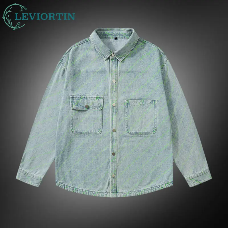 

Trendy Distressed Denim Overshirt Men - Graphic Print Drop Shoulder Shirt Jacket, Loose Fit Streetwear Coat for Casual Layering