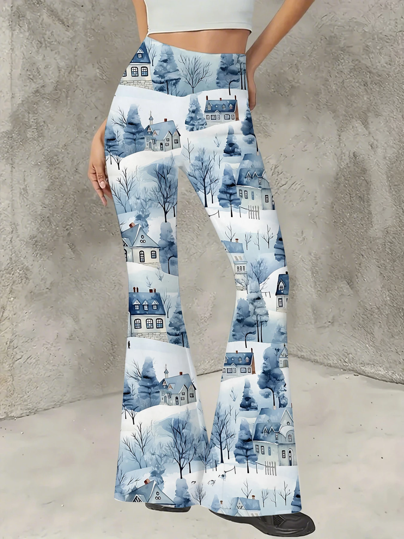 

Y2K Graphic Print Flare Pants Women High Waist Knit Bell Bottom Trousers