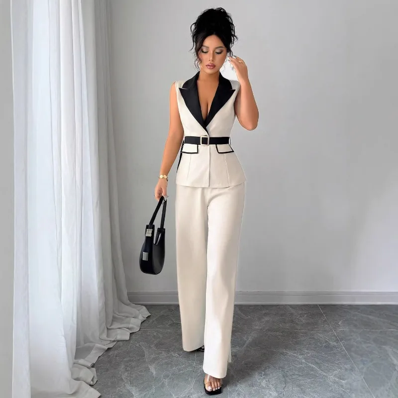 

Women's Elegant Sleeveless Blazer Vest Wide Leg Pants Set With Belt