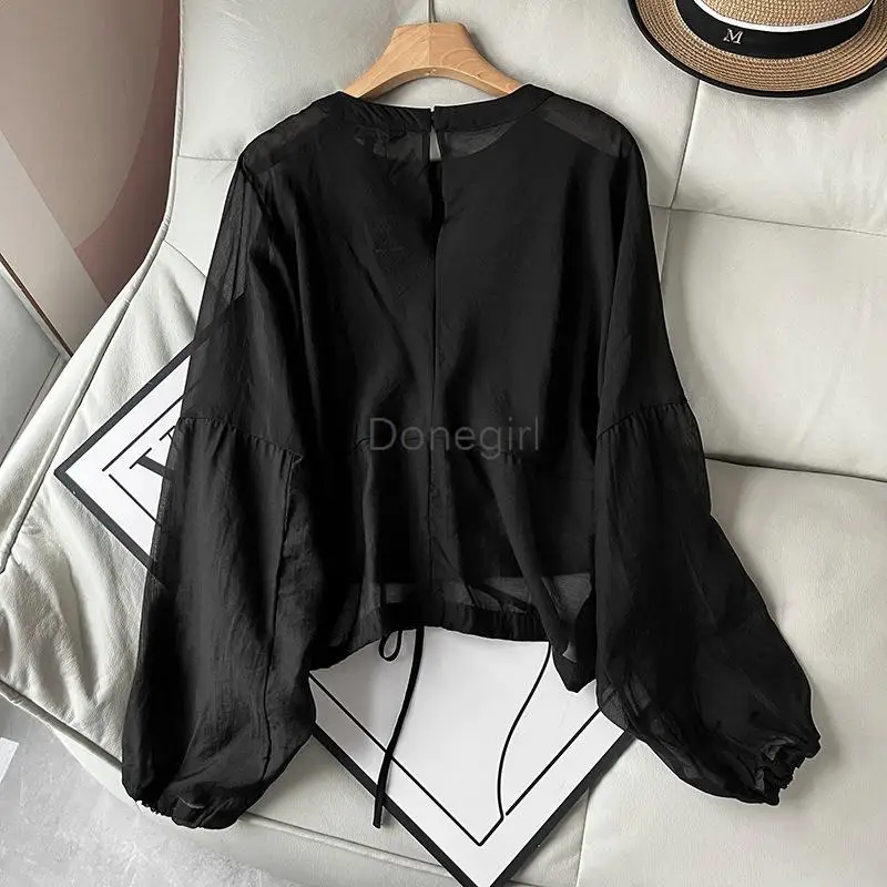 Donegirl 2024 primavera estate nuove donne manica lunga girocollo camicia solido semplice elegante sottile nero camicette top grembiule femminile