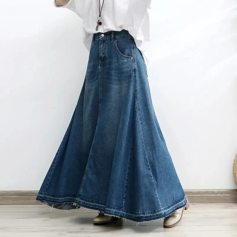 Oversized High waisted Denim Long Swing Skirts women's Summer Slim Thin Half body A-line umbrella Skirts Female Casual Clothes