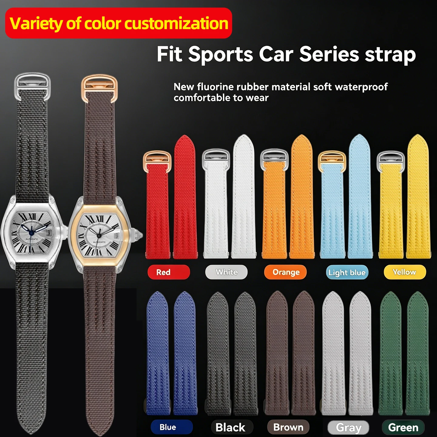 19mm 20mm New Style Textured Fluororubber Watch Strap Quick Release Steel-metal interface For Cartier Roadster Band customized