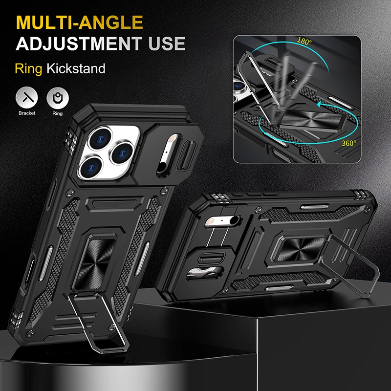 

For iPhone 16 15 14 13 12 11 Pro Max Mini XS XR X Plus Military Grade Bumpers Ring Cover Slide Camera Lens Protector Armor Case