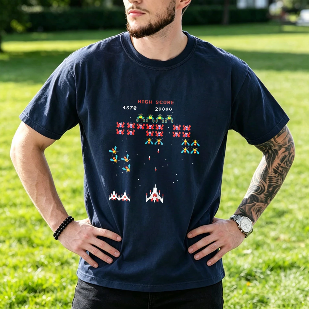 T-shirt rétro pour homme Space Invaders, manches courtes, en coton, imprimé graphique, style décontracté, pour tous les jours, doux et respirant