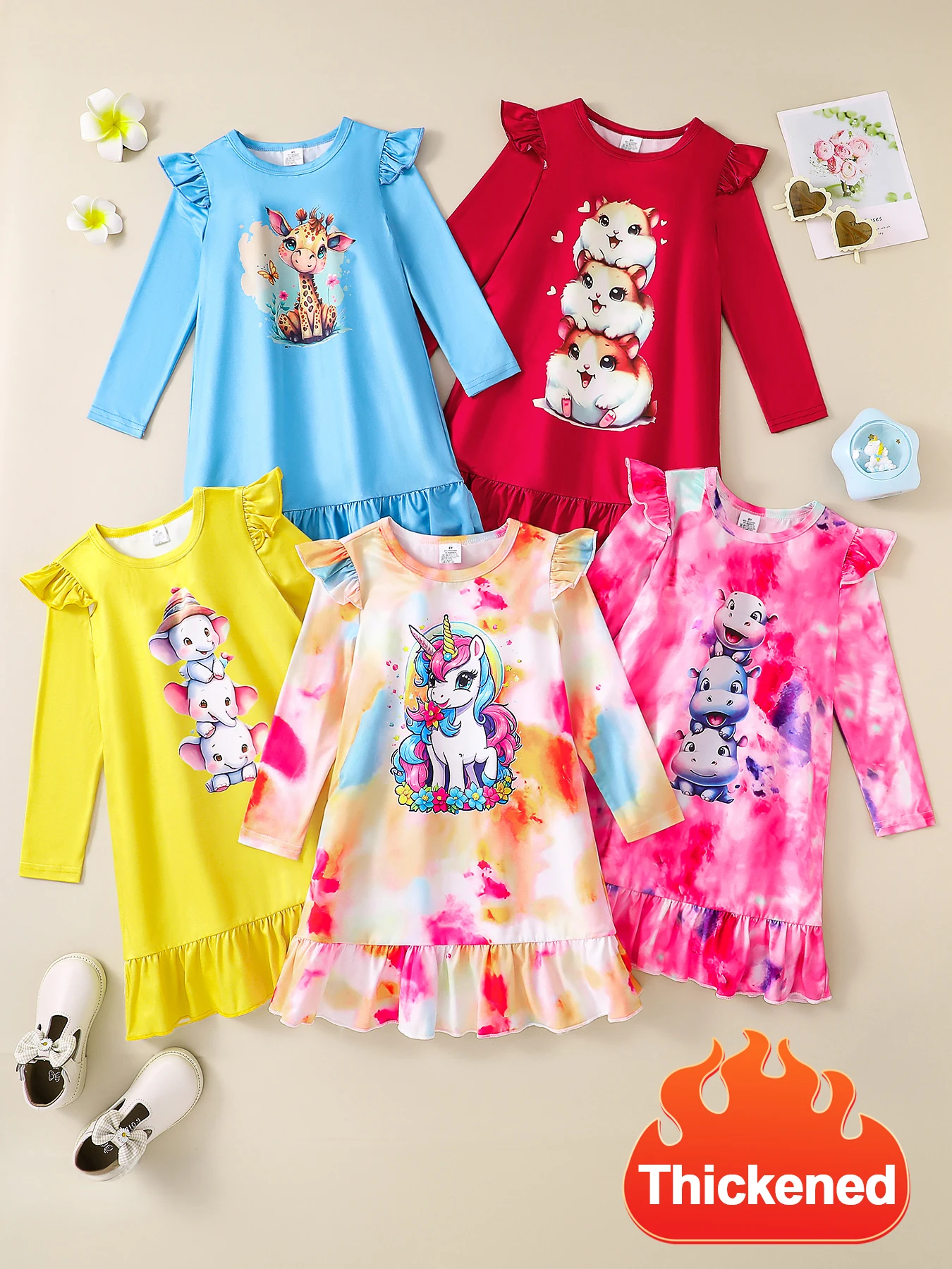 

Autumn Girls Round Neck Long Sleeve Cute Cartoon Print Casual Outfits Flying Sleeve Pleated Dress Mix and Match 5 Pieces