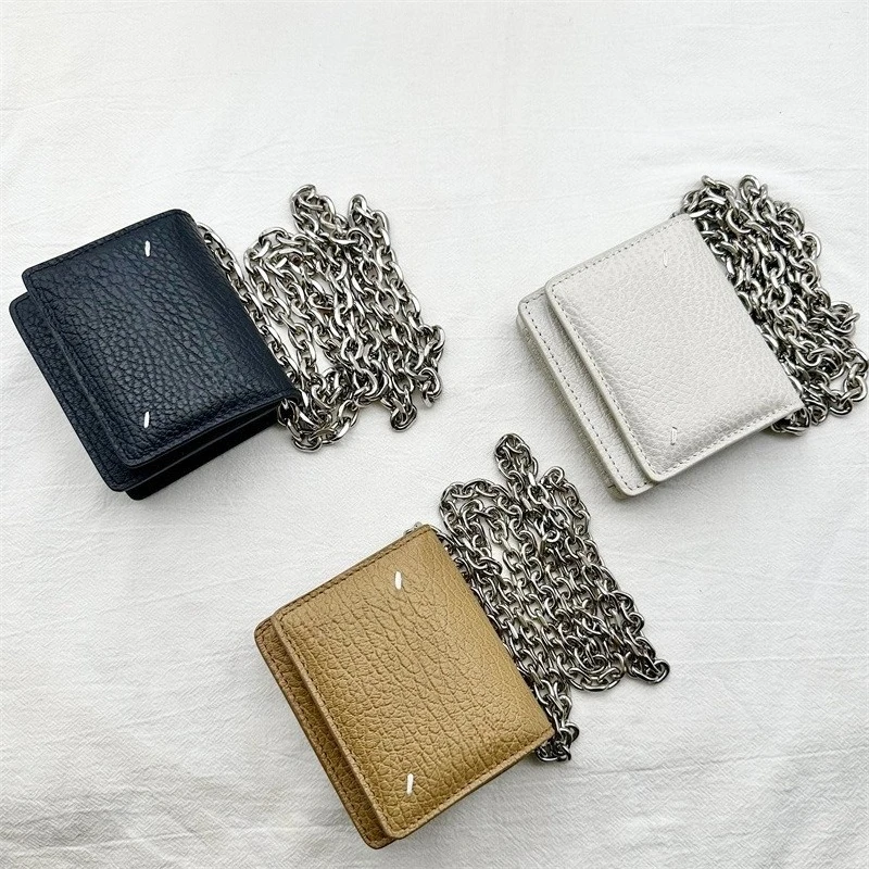 Black Leather Shoulder Wallet Metal Chain Splicing Cowhide Small Square Bag Crossbody Bag