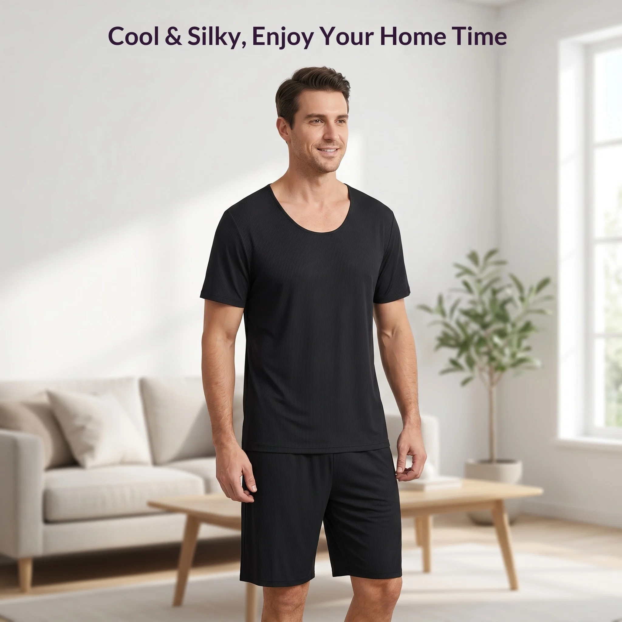 Ice Silk Pajamas Men's Summer Home Wear Set Modal Seamless Round-Neck Thin Short-Sleeve Men's T-Shirt Plus-Size Men's Pajamas