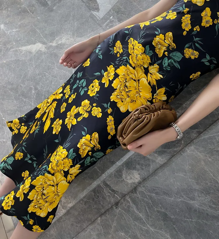 Zijden lange omslag Dr Dames Levendige print Afslankende taille Ontwerp Trendy Street Sle V-Ne Svel Casual Fi Tail-jurk