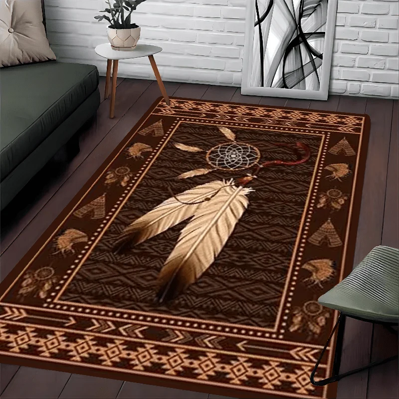 VIKAMA Dreamcatcher Area Rug Native Tribal Feather Geometric Ethnic Print Non-Slip Washable Living Room Home Floor Mat