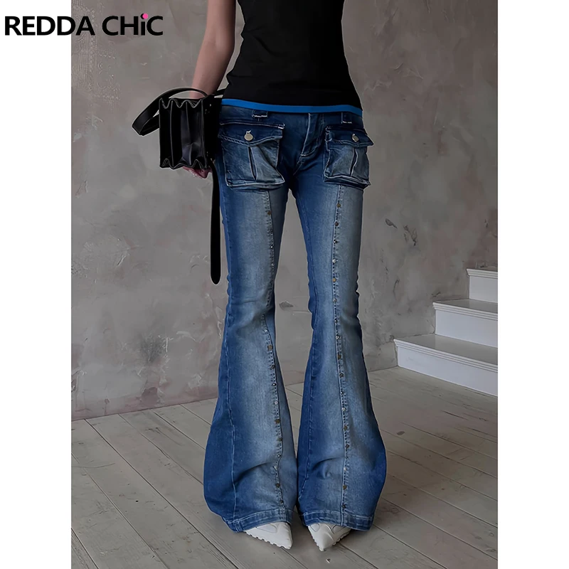 

REDDACHiC женские джинсы-карго в стиле вестерн, синие повседневные тонкие брюки с низкой талией и несколькими карманами и заклепками, брюки Y2k, уличная одежда в стиле ретро