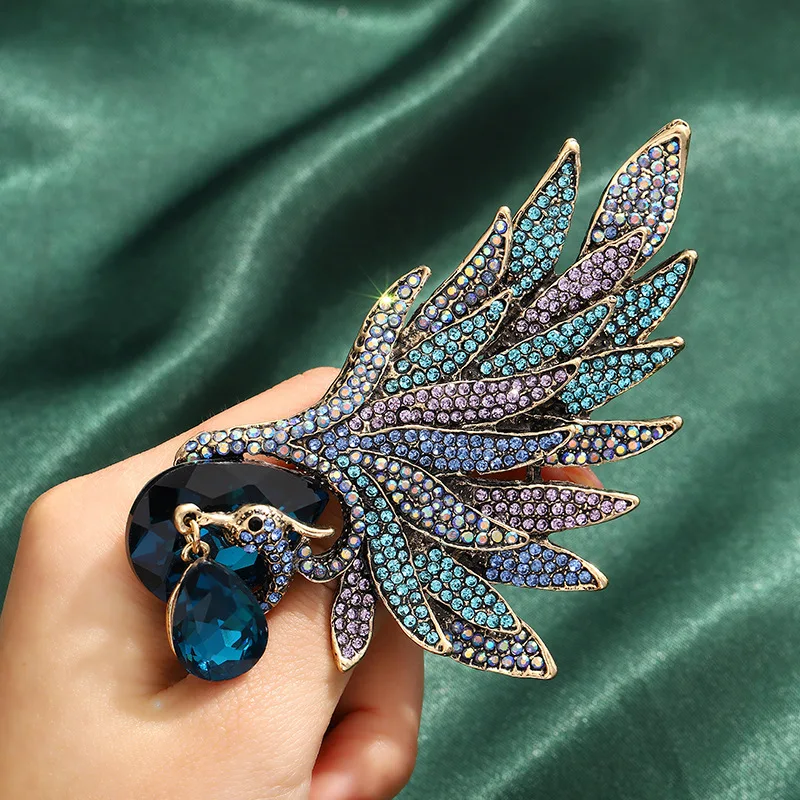 Hot Sale Chinese Style Phoenix Winged Blue Big Rhinestone Brooch High-end Women's Exquisite Luxury Suit Dress Accessories