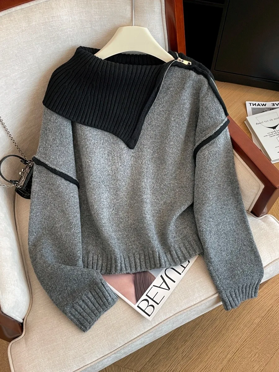 

Корейский вязаный свитер с асимметричной молнией для женщин, весна-осень, свободный крой, утепленный, в стиле lazy style