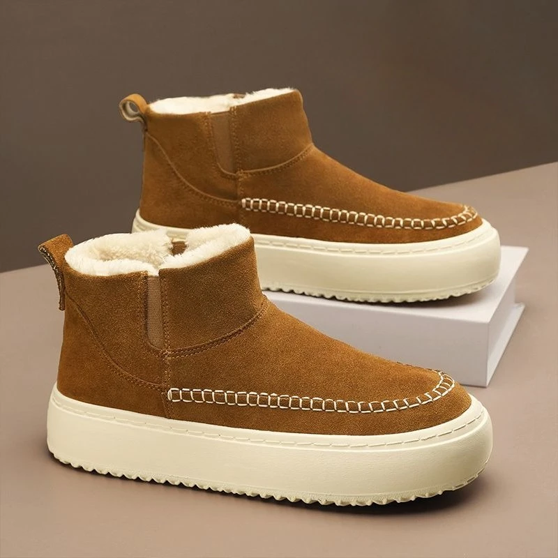 

Men's Winter Retro Snow Boots Outdoor Thick Fleece Lined Warm High Top Cotton Shoes Thick Sole Height Boosting Cold Resistant
