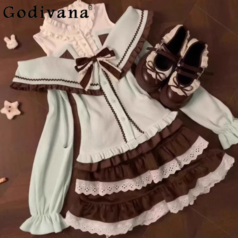 

Винтажный стиль, шикарная осенне-зимняя одежда, женский японский топ с открытыми плечами, милая мини-юбка, женский японский милый милый комплект