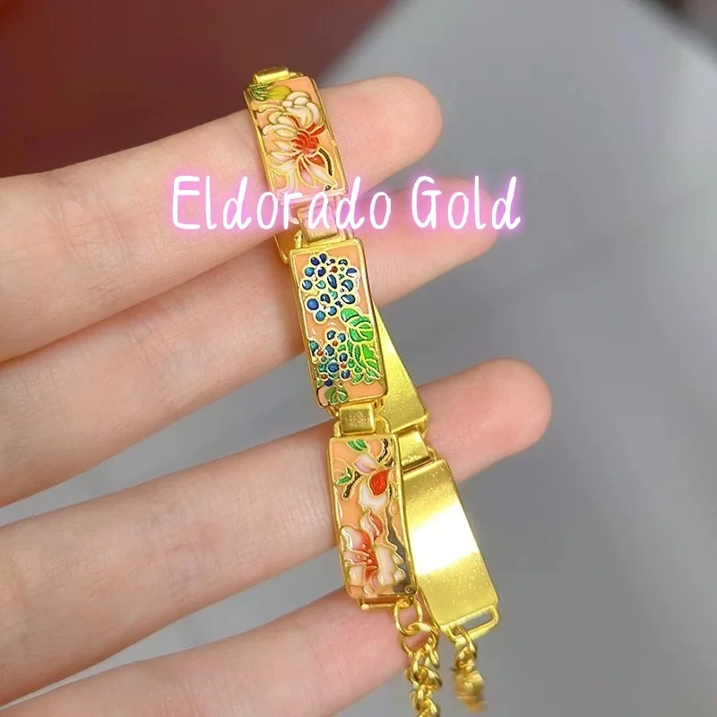 

Золотой браслет Eldorado Gold 9999 пробы, 24K, из настоящего золота, с эмалью, в винтажном стиле, с цветочным узором, в ретро-стиле, в национальном стиле, для женщин.
